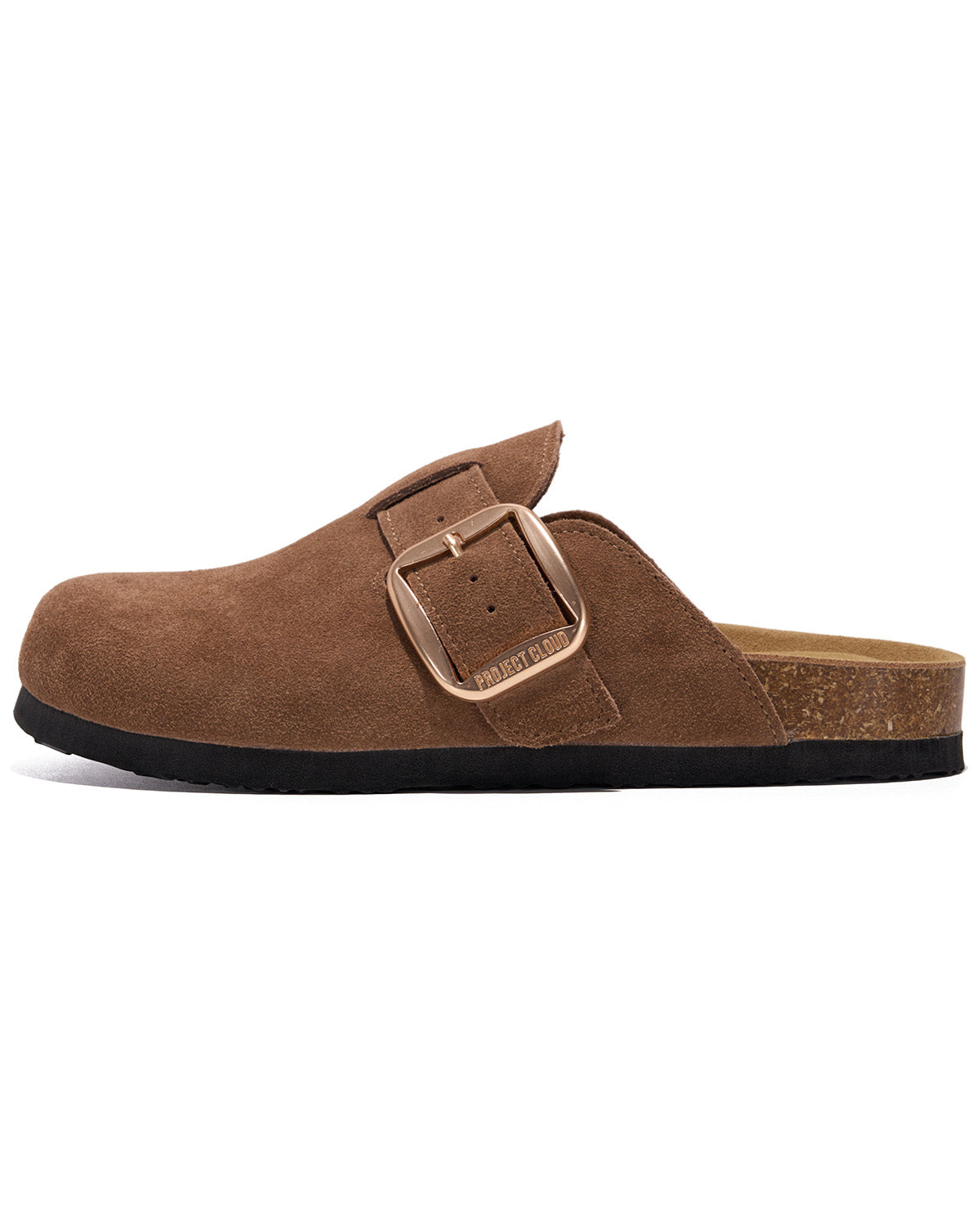A brown suede clog-style mule shoe with a large rectangular buckle closure, black outsole, and cork-look footbed, shown in profile against a plain white background.