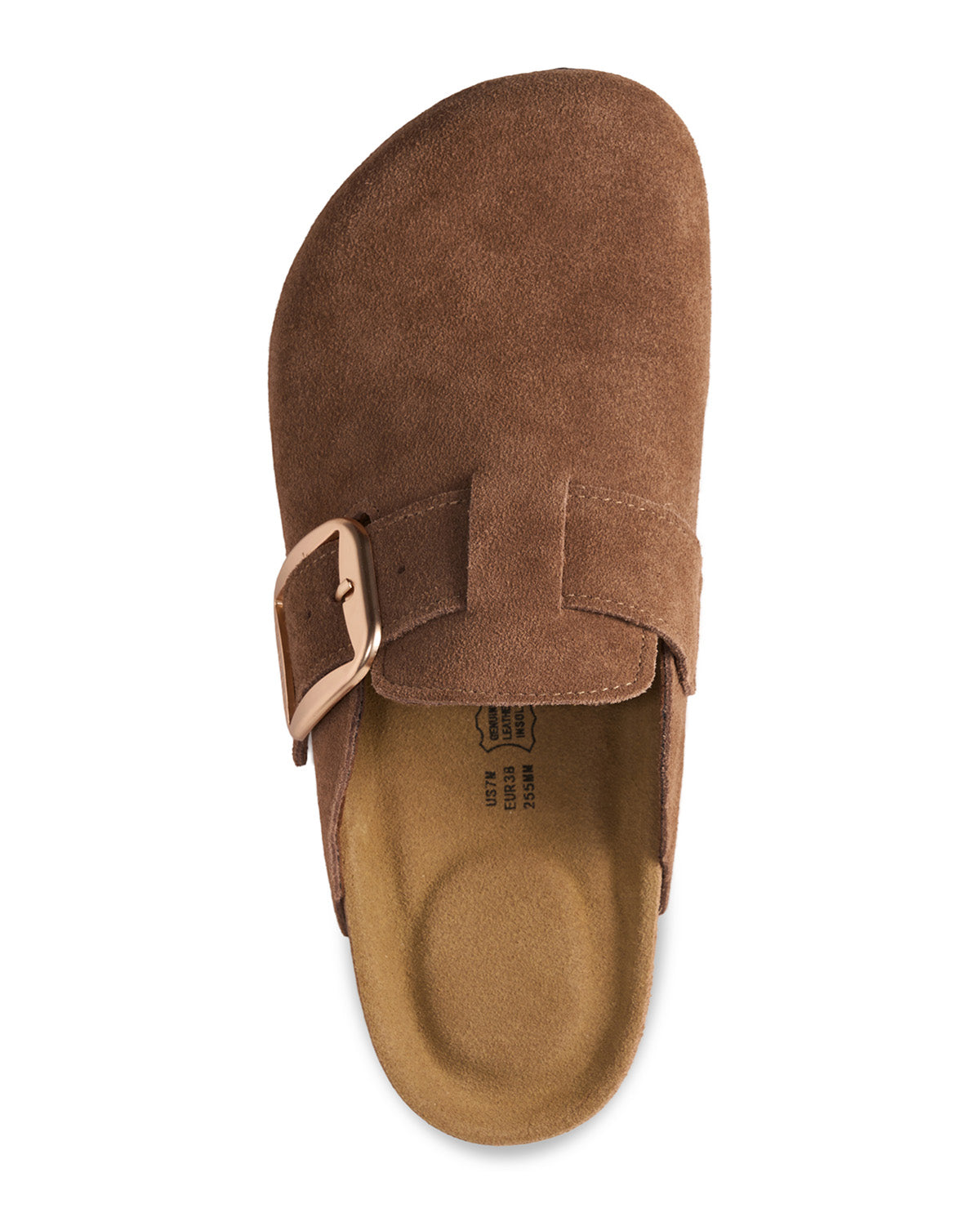 A single brown suede clog-style shoe shown from a top-down view on a plain white background. It features a wide strap with a metallic gold buckle and a tan contoured footbed.