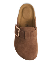 A brown suede clog-style mule shoe with a wide strap and a metallic gold buckle, shown from a top-down view on a white background.