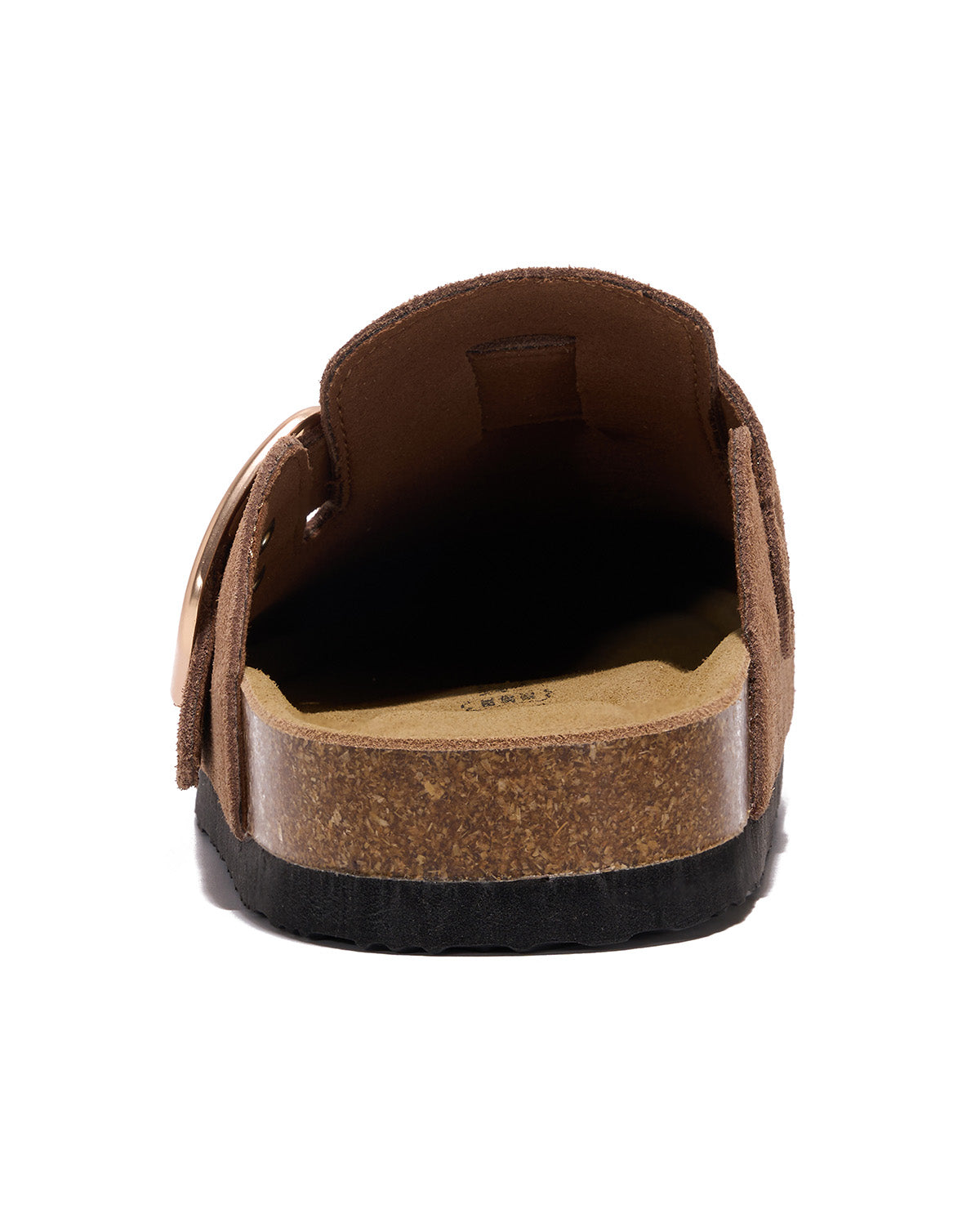 A single brown leather slip-on clog sandal with a cork-look midsole and black outsole, shown from a rear three-quarter view on a white background.
