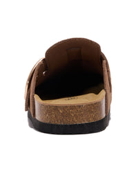 A single brown leather slip-on clog sandal with a cork-look midsole and black outsole, shown from a rear three-quarter view on a white background.