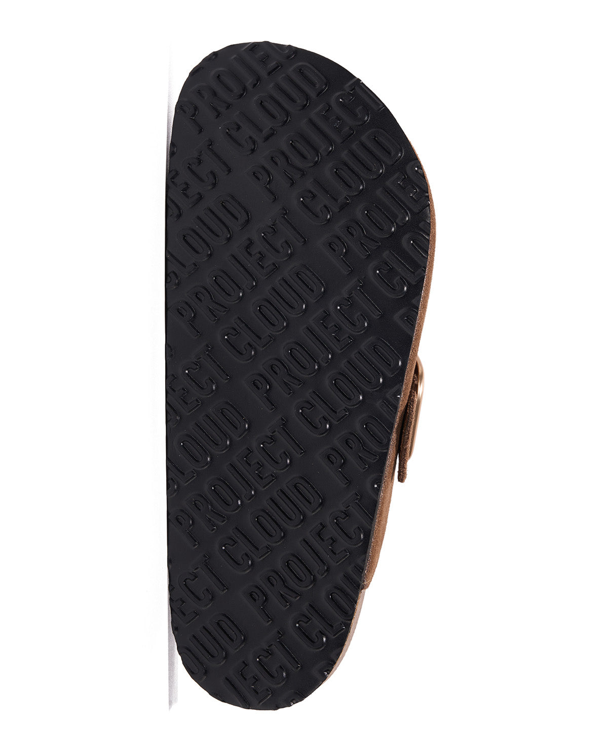 The black rubber outsole of a flat sandal, featuring the brand name 'PROJECT CLOUD' embossed repeatedly in a textured pattern, with a light brown side profile and a small gold buckle visible on the right.