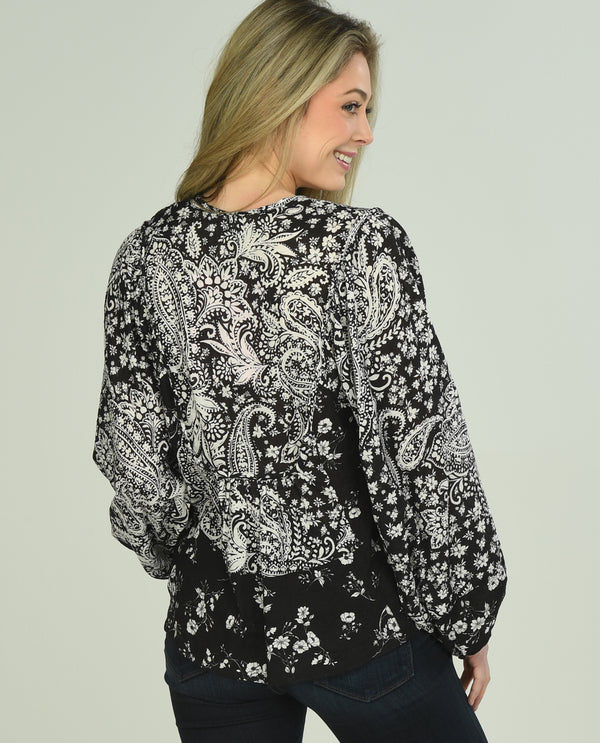 Long Sleeve Orchard Tie Neck Print Blouse