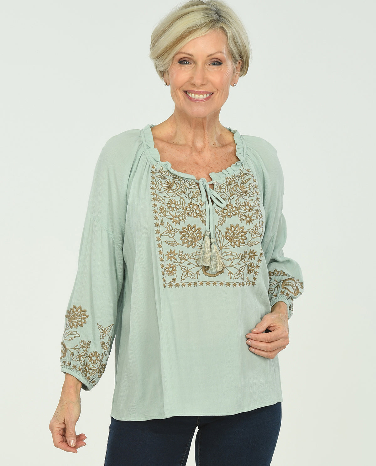 3/4 Sleeve Seneca Embroidered Blouse