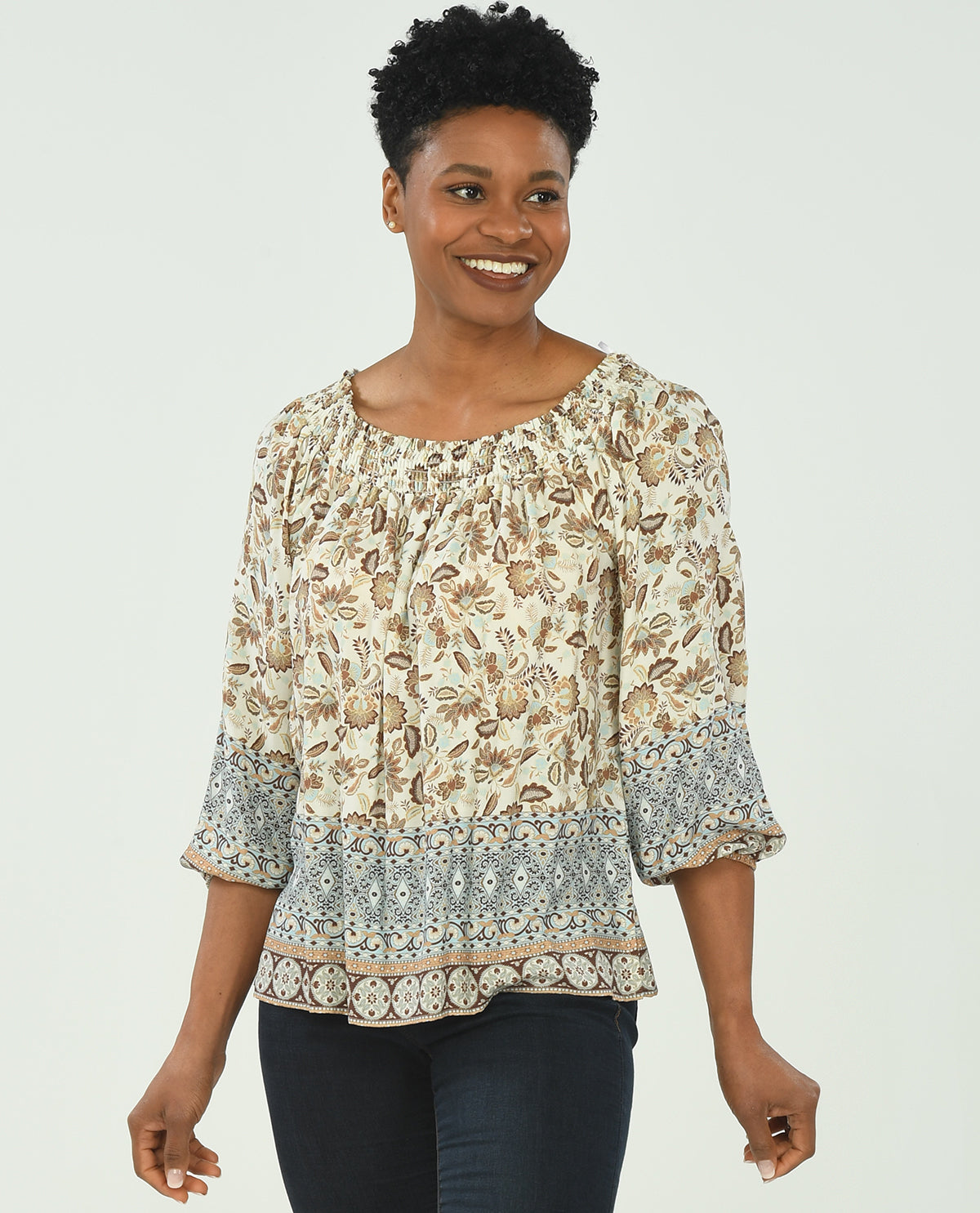 3/4 Sleeve Durham Border Print Blouse