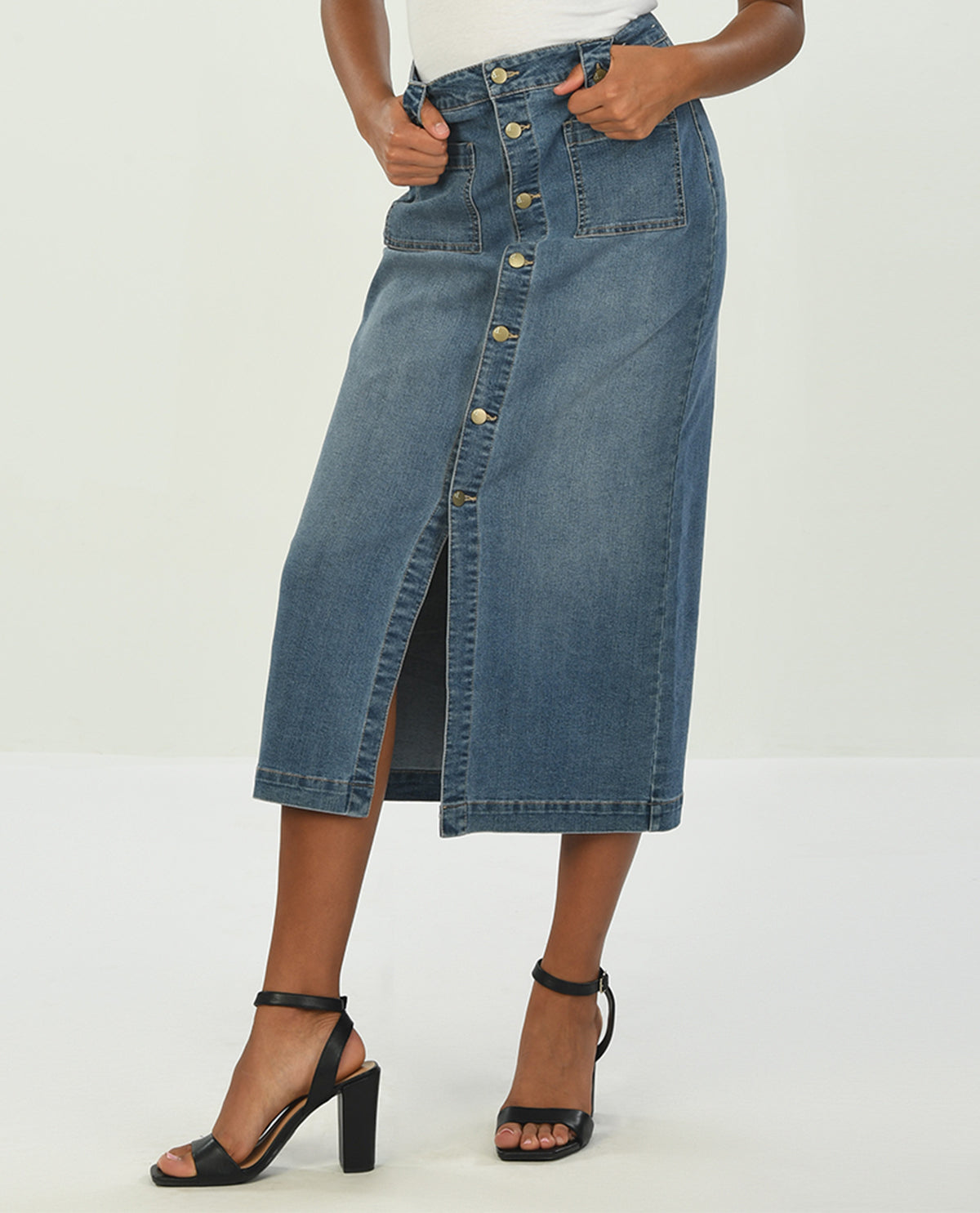 D Jeans Button Front Midi Skirt