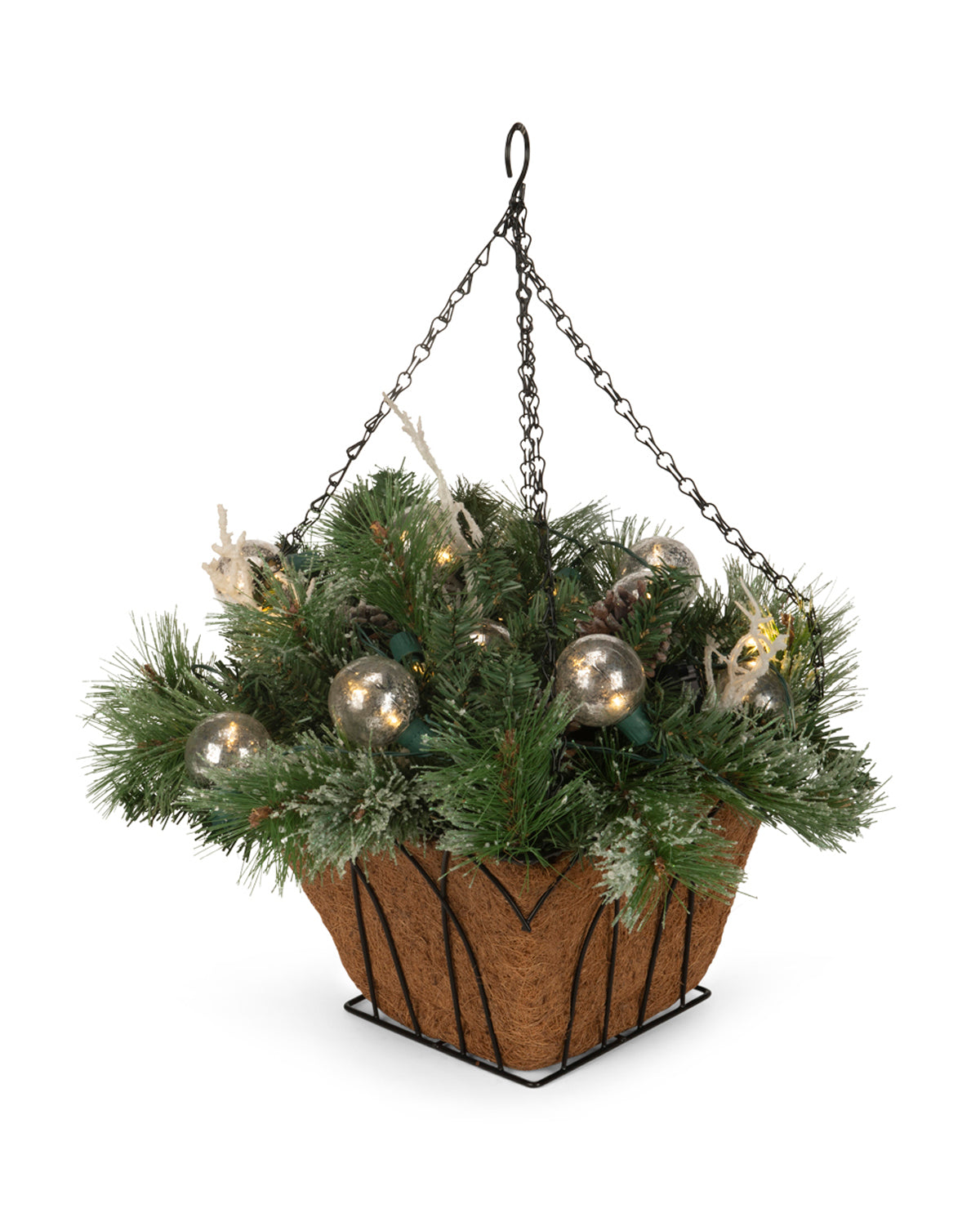 Lighted Silver Ornaments & Christmas Floral Hanging Basket