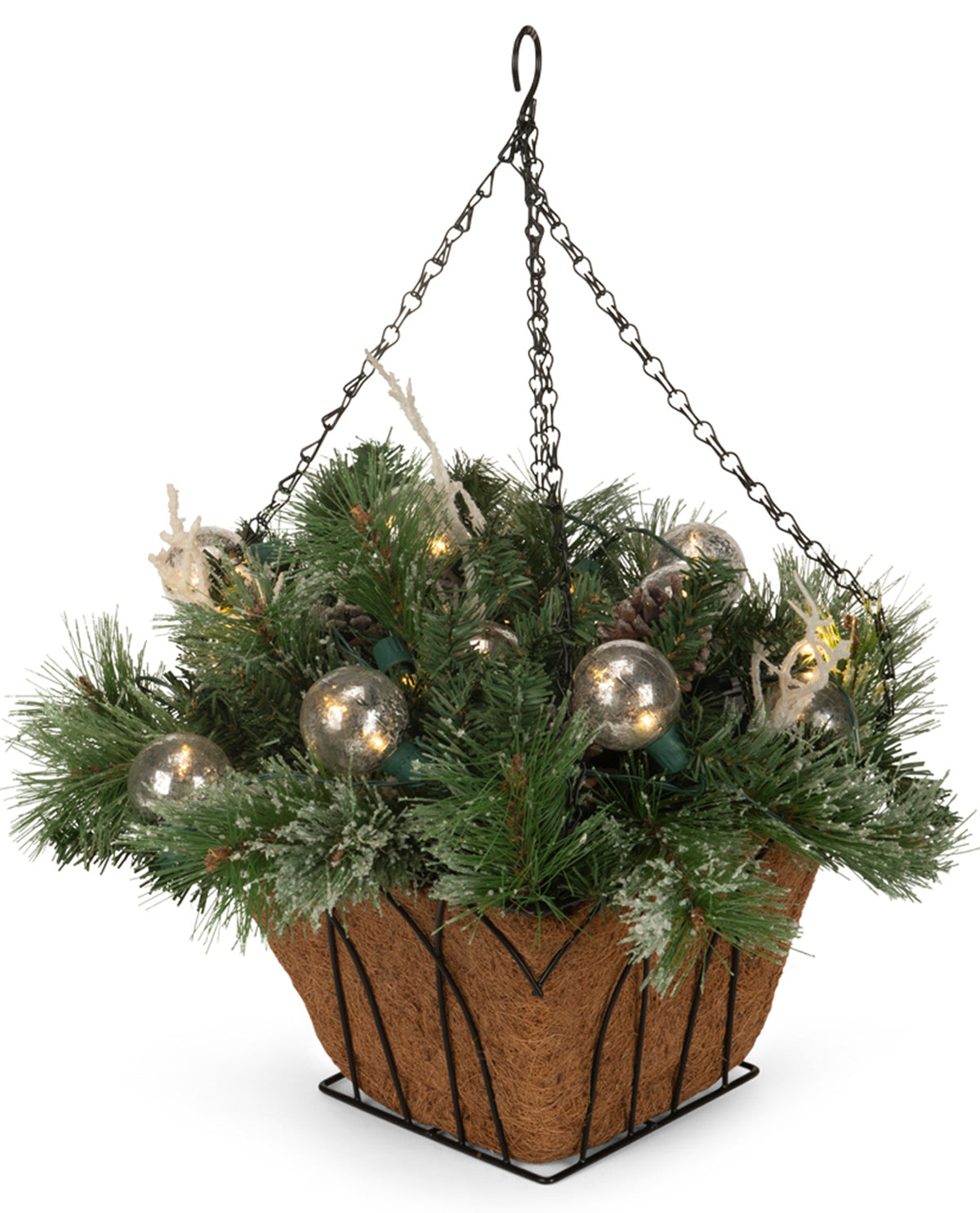 Lighted Silver Ornaments & Christmas Floral Hanging Basket