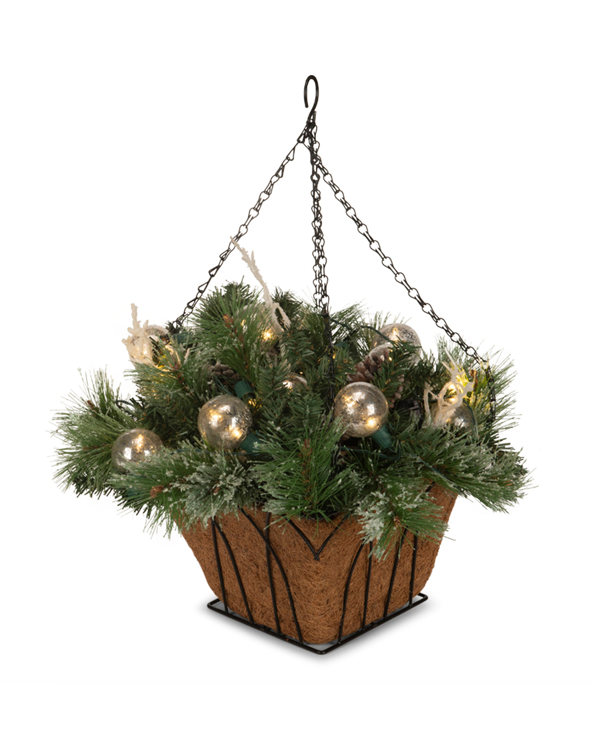 Lighted Silver Ornaments & Christmas Floral Hanging Basket