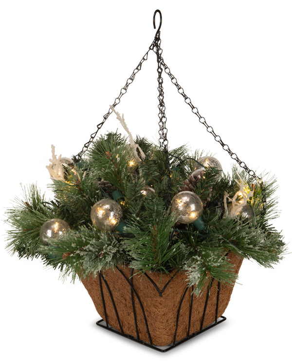 Lighted Silver Ornaments & Christmas Floral Hanging Basket