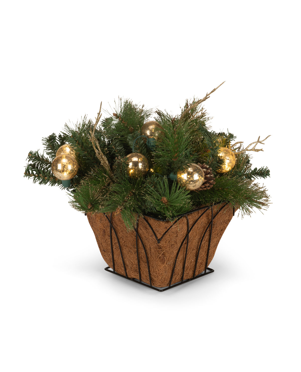 Lighted Gold Ornament and Holiday Floral Hanging Basket