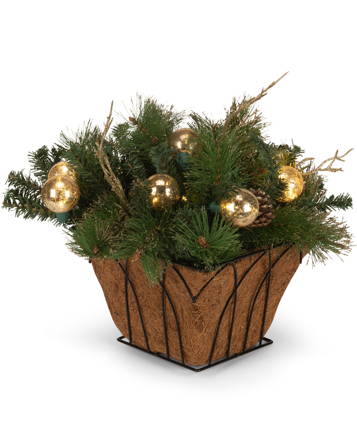 Lighted Gold Ornament and Holiday Floral Hanging Basket