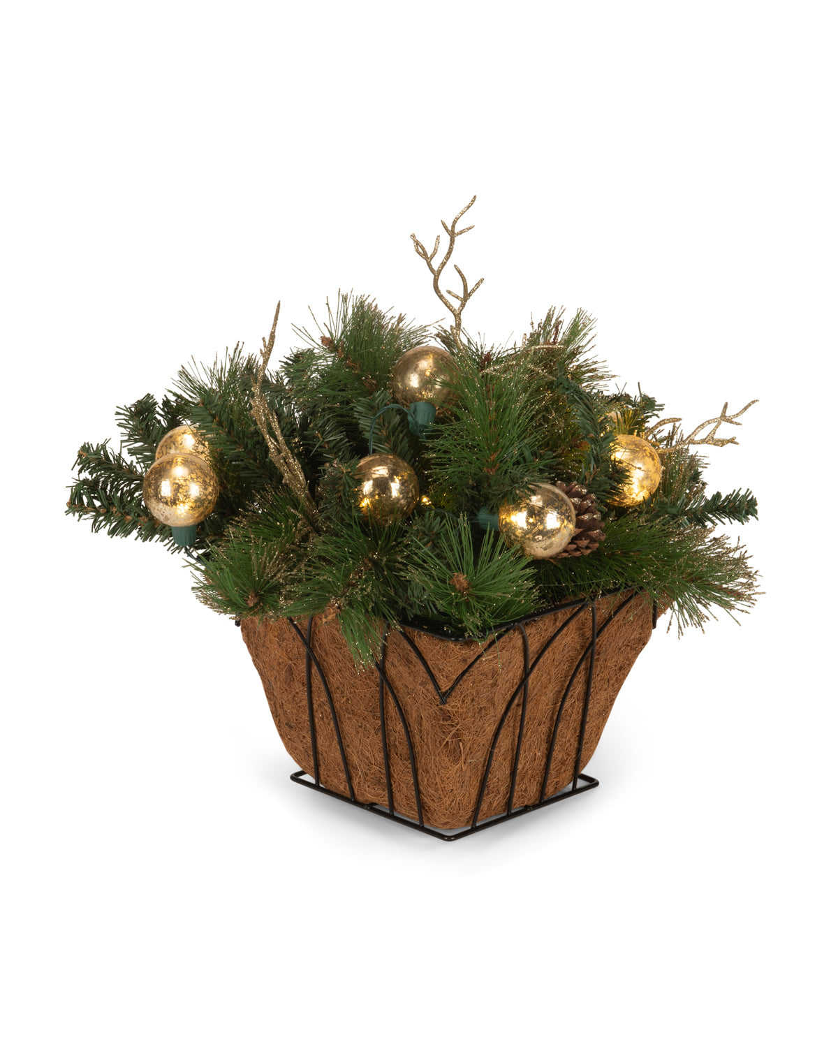 Lighted Gold Ornament and Holiday Floral Hanging Basket