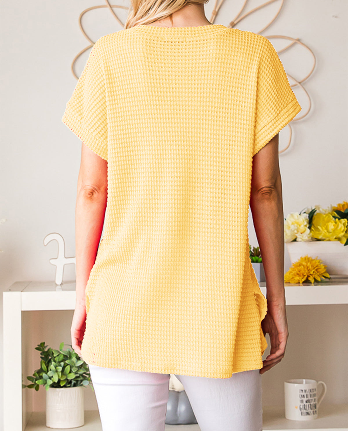 Solid V-Neck Waffle Top