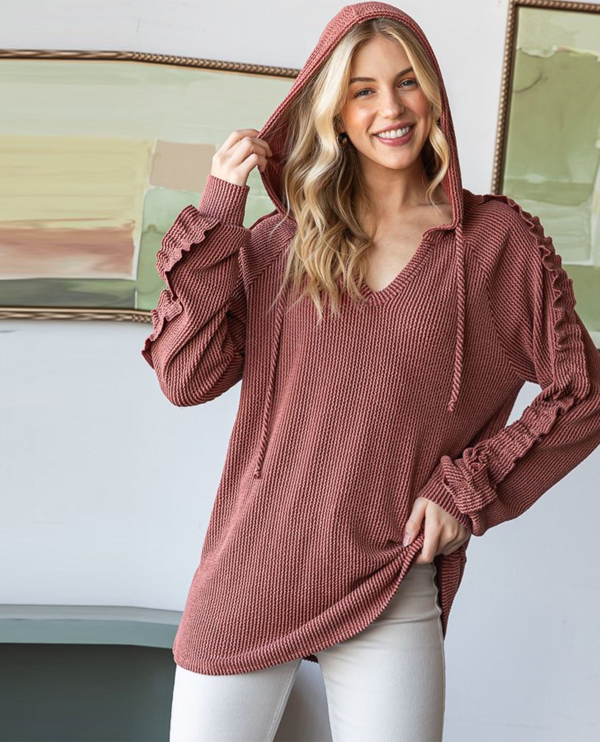 Plus V-Neck Hoodie Urban Ribbed Top with Ruffle Sleeves