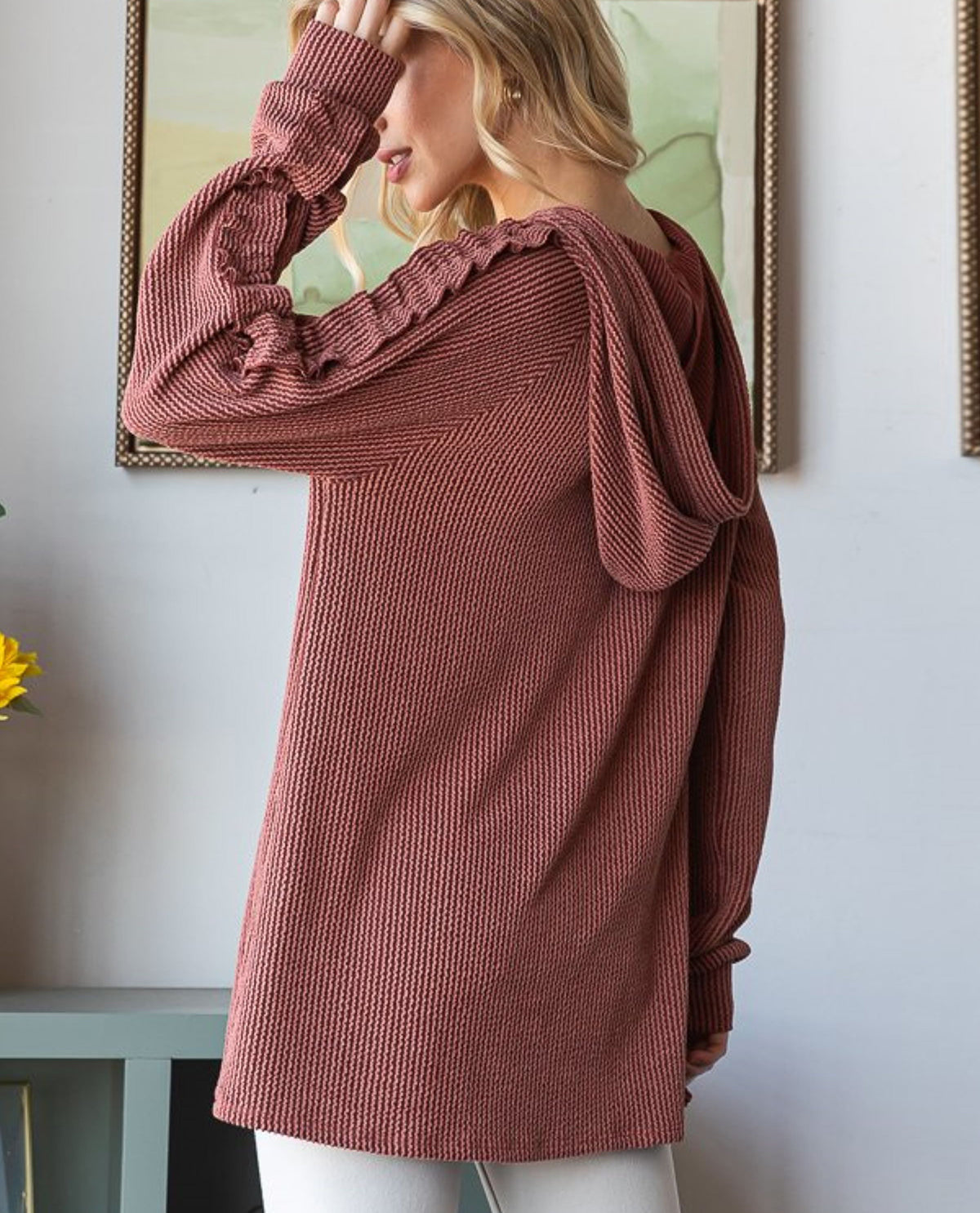 Plus V-Neck Hoodie Urban Ribbed Top with Ruffle Sleeves