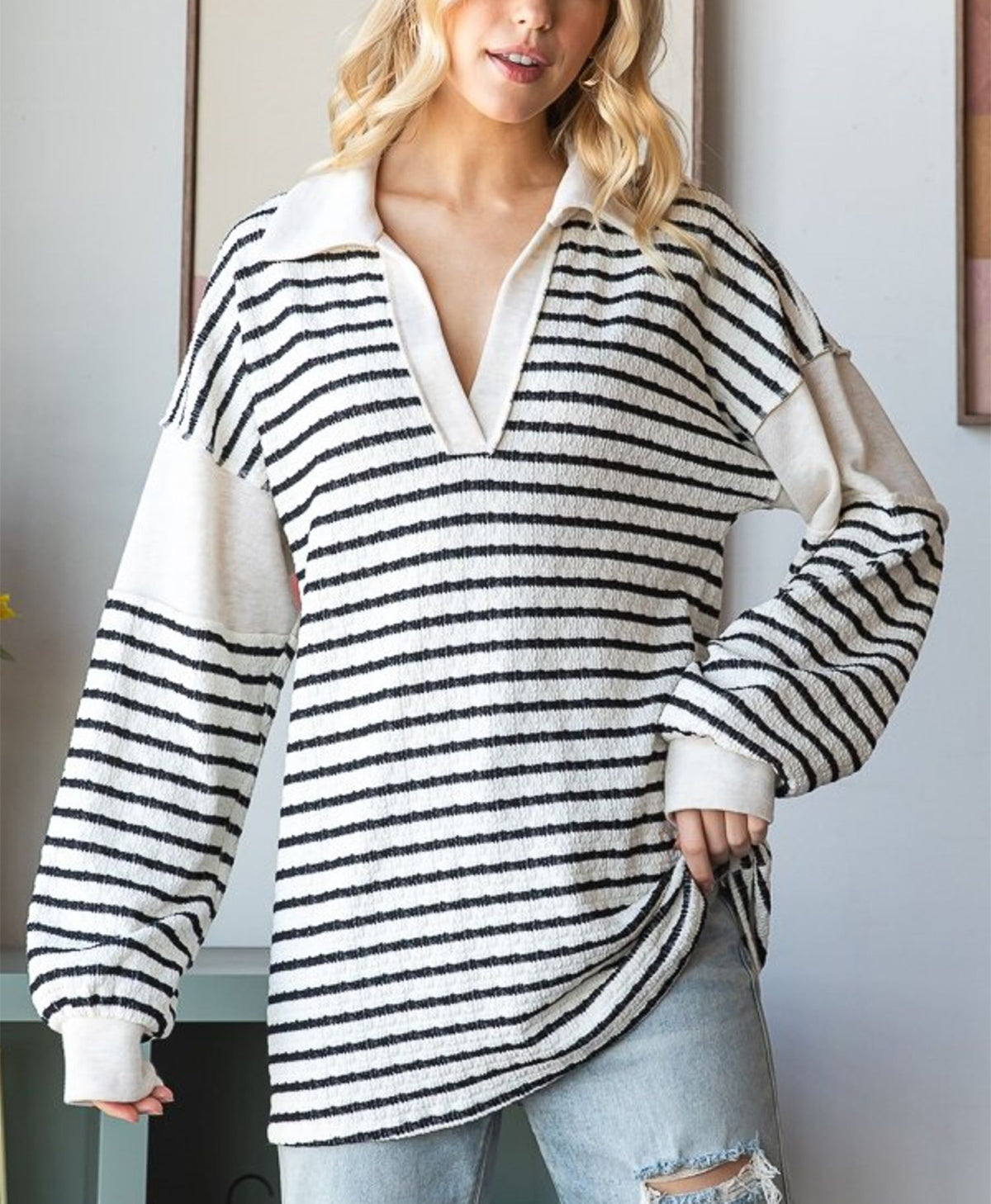 Johnny Collar Oversized Stripe Pullover Top