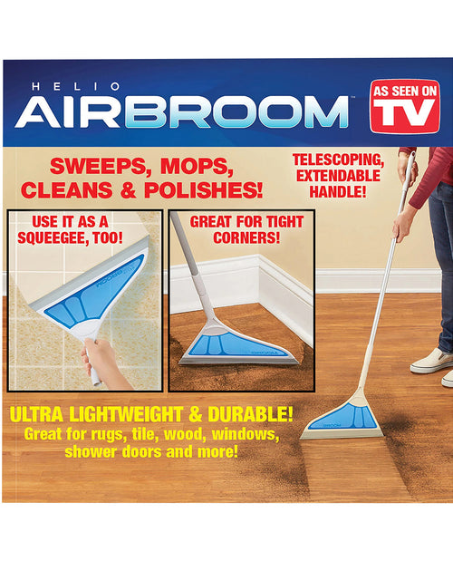 Airbroom cleaning tool with promotional text on a white background