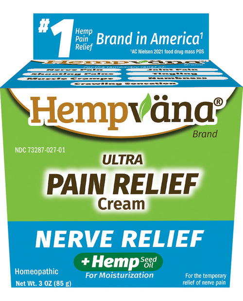 Box of Hempvana Ultra Nerve Pain Relief Cream with green and blue packaging, indicating homeopathic use for nerve pain relief.