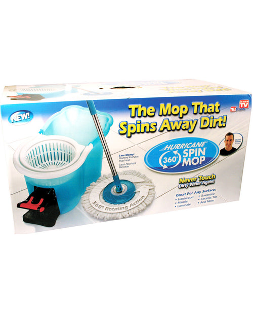 Box of Hurricane Spin Mop with cleaning tool illustration on a white background