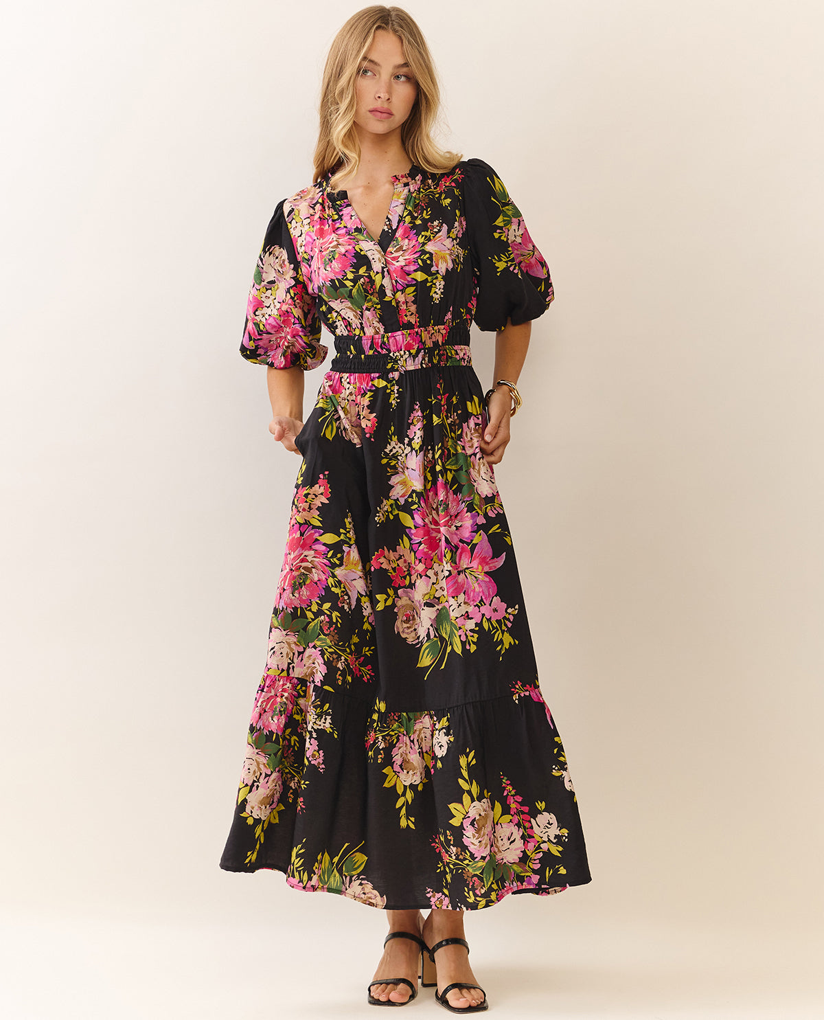 Oddi Floral Dress With Smock Waist Black