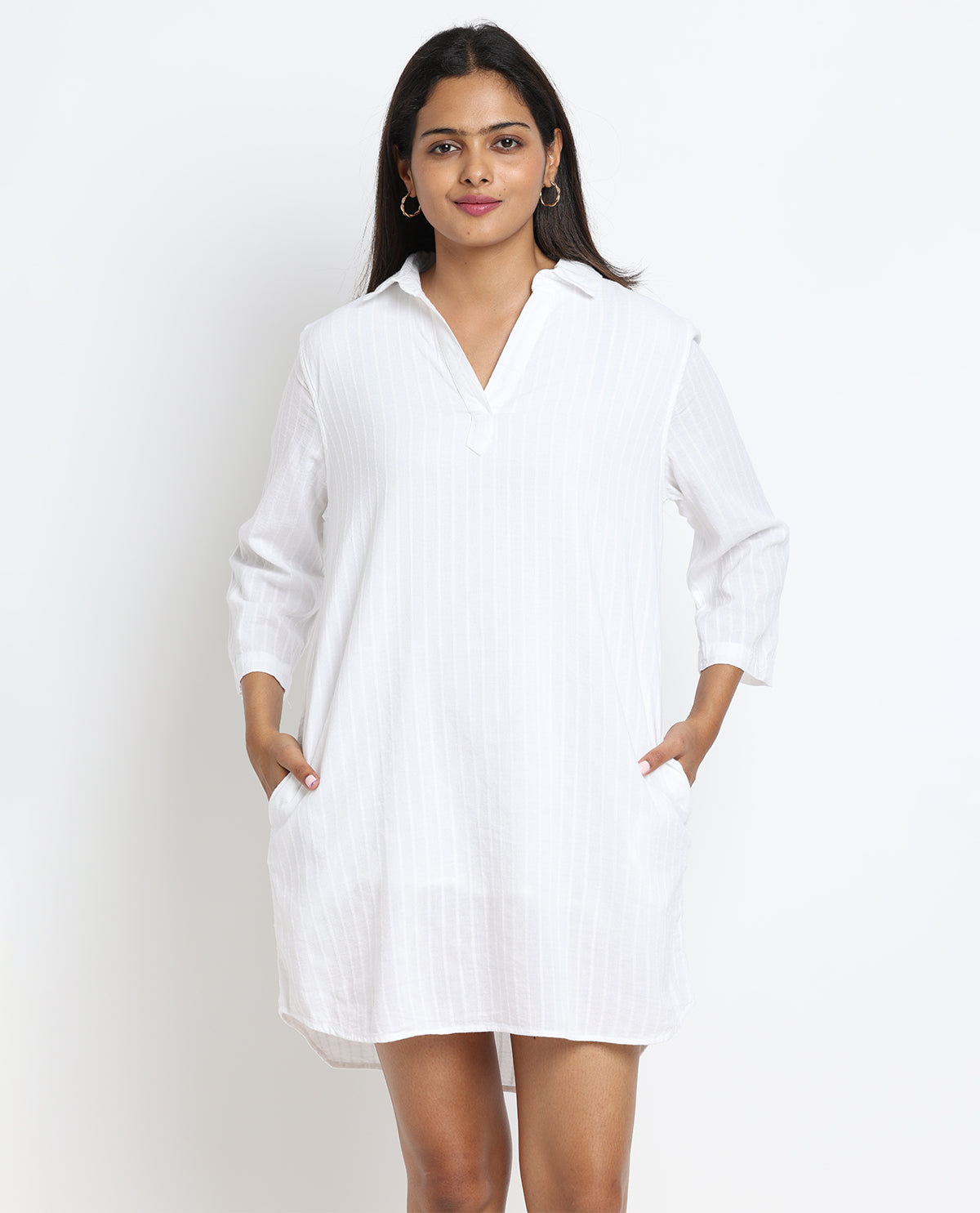 Dash 3/4 Sleeve Roll Tab Linen Dress White