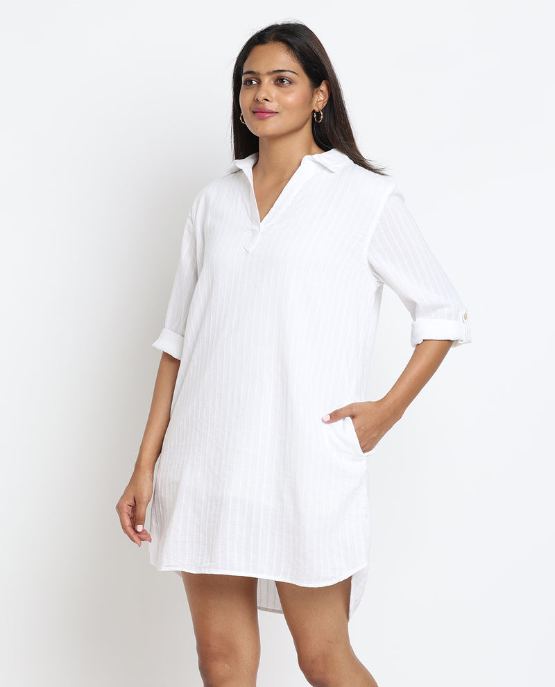 Dash 3/4 Sleeve Roll Tab Linen Dress White