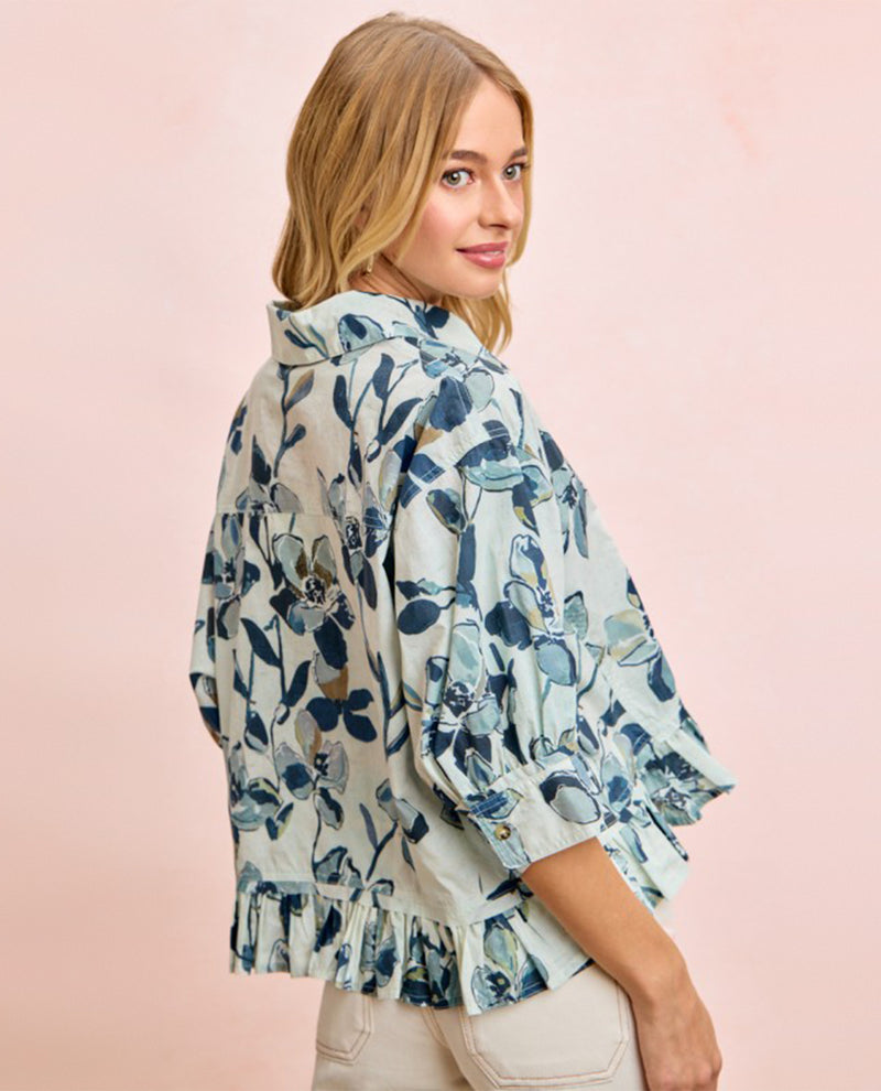 Bibi Floral Ruffle Hem Shirt Navy