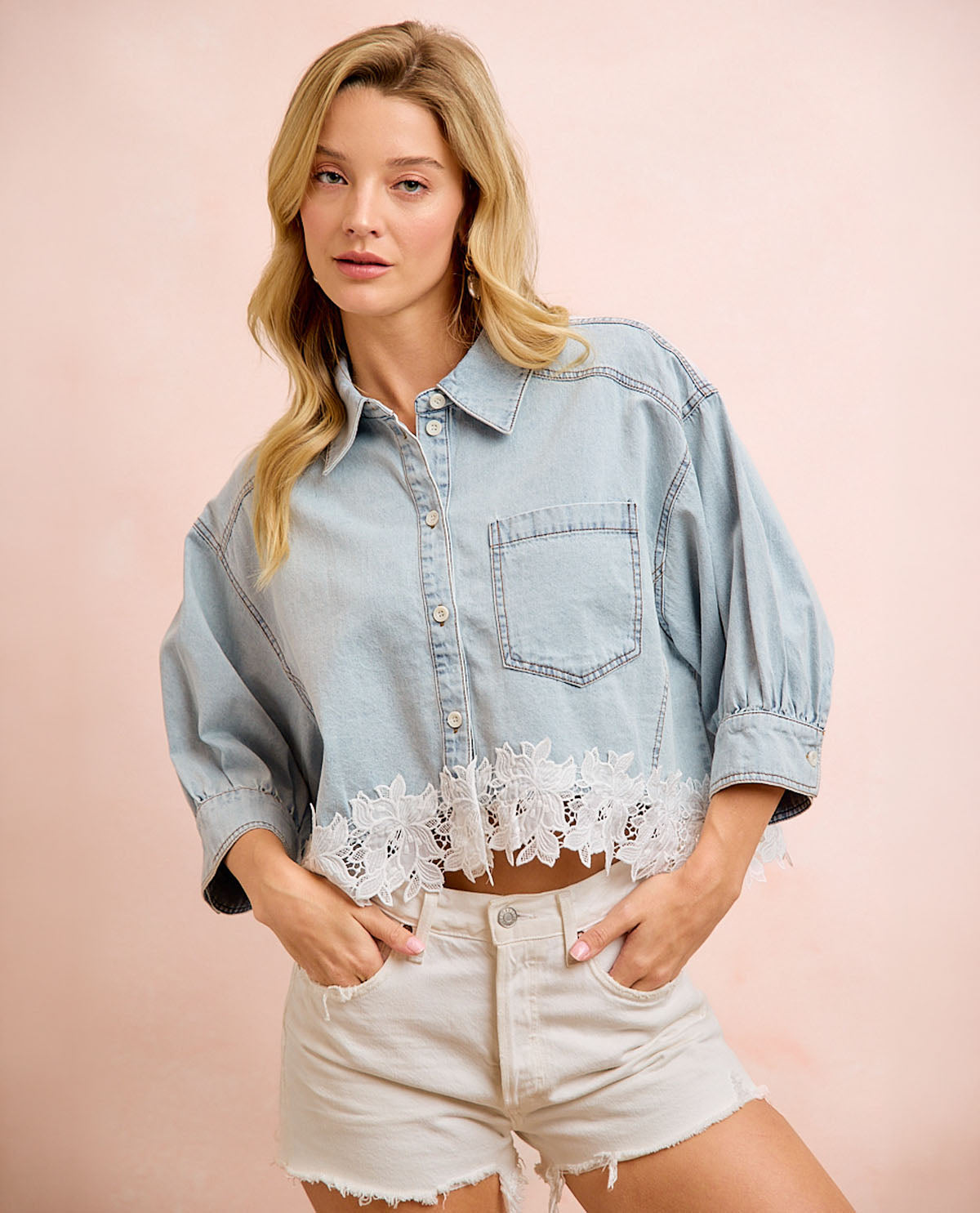 Bibi Denim Floral Blouse With Lace
