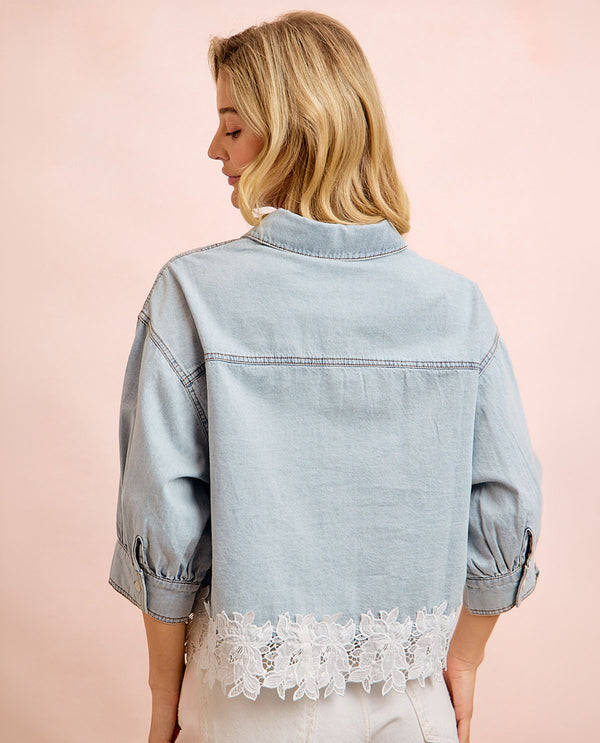 Bibi Denim Floral Blouse With Lace