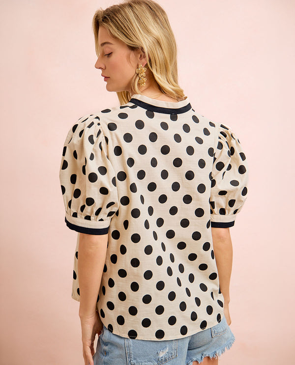 Bibi Black Polka Dot Print Top With Contrast Trim
