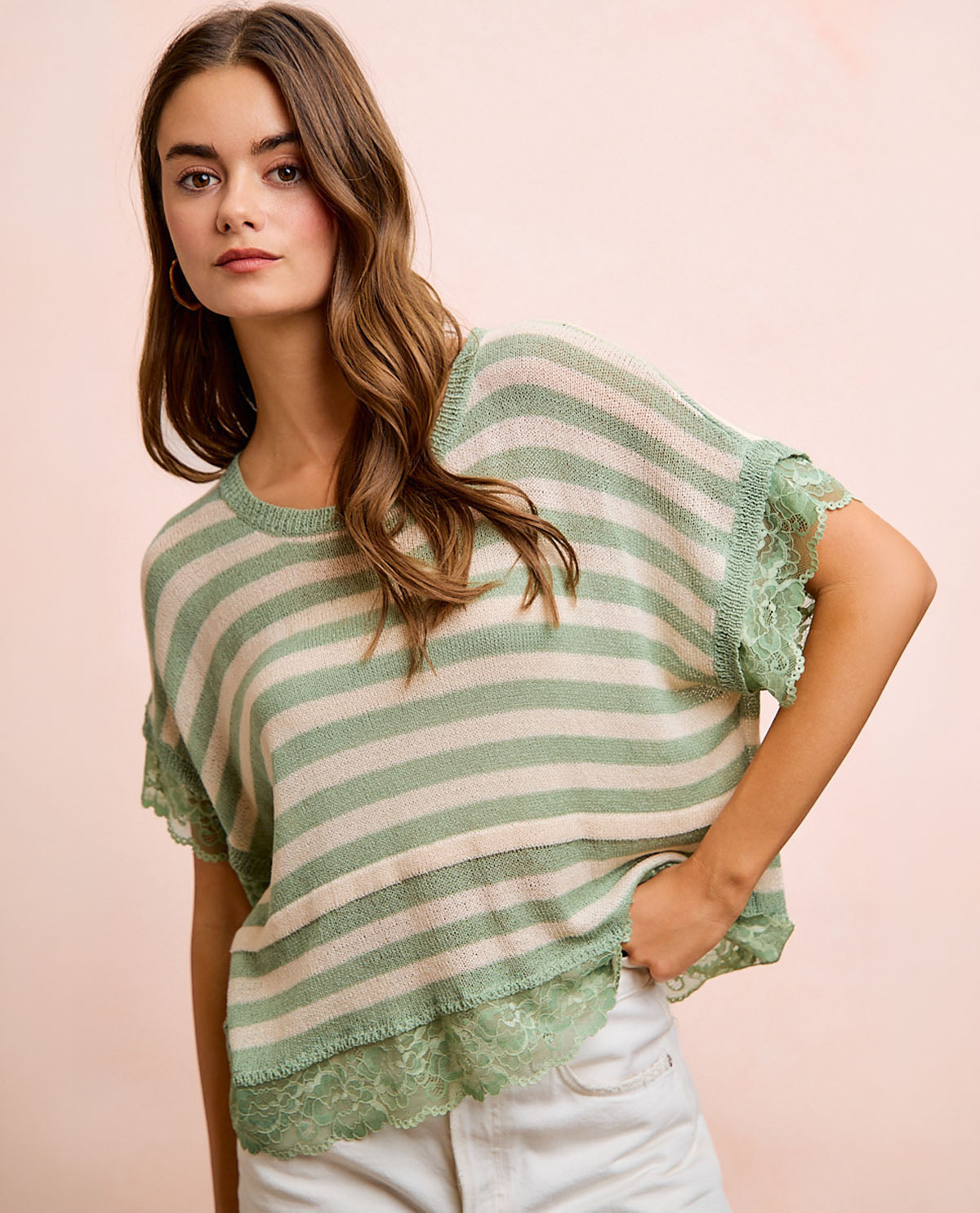 Bibi Stripe Top With Lace Contrast Olive
