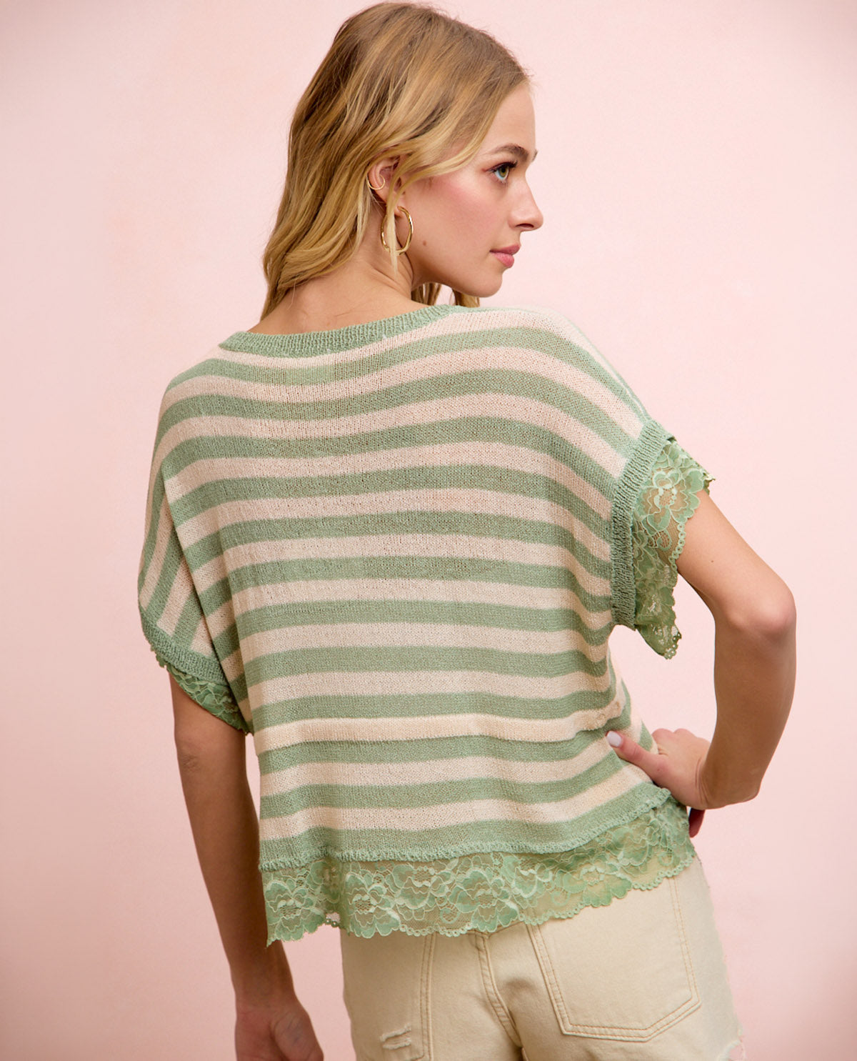 Bibi Stripe Top With Lace Contrast Olive