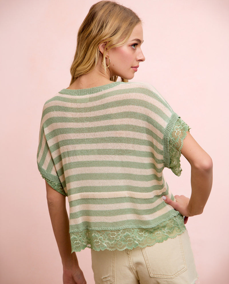 Bibi Stripe Top With Lace Contrast Olive
