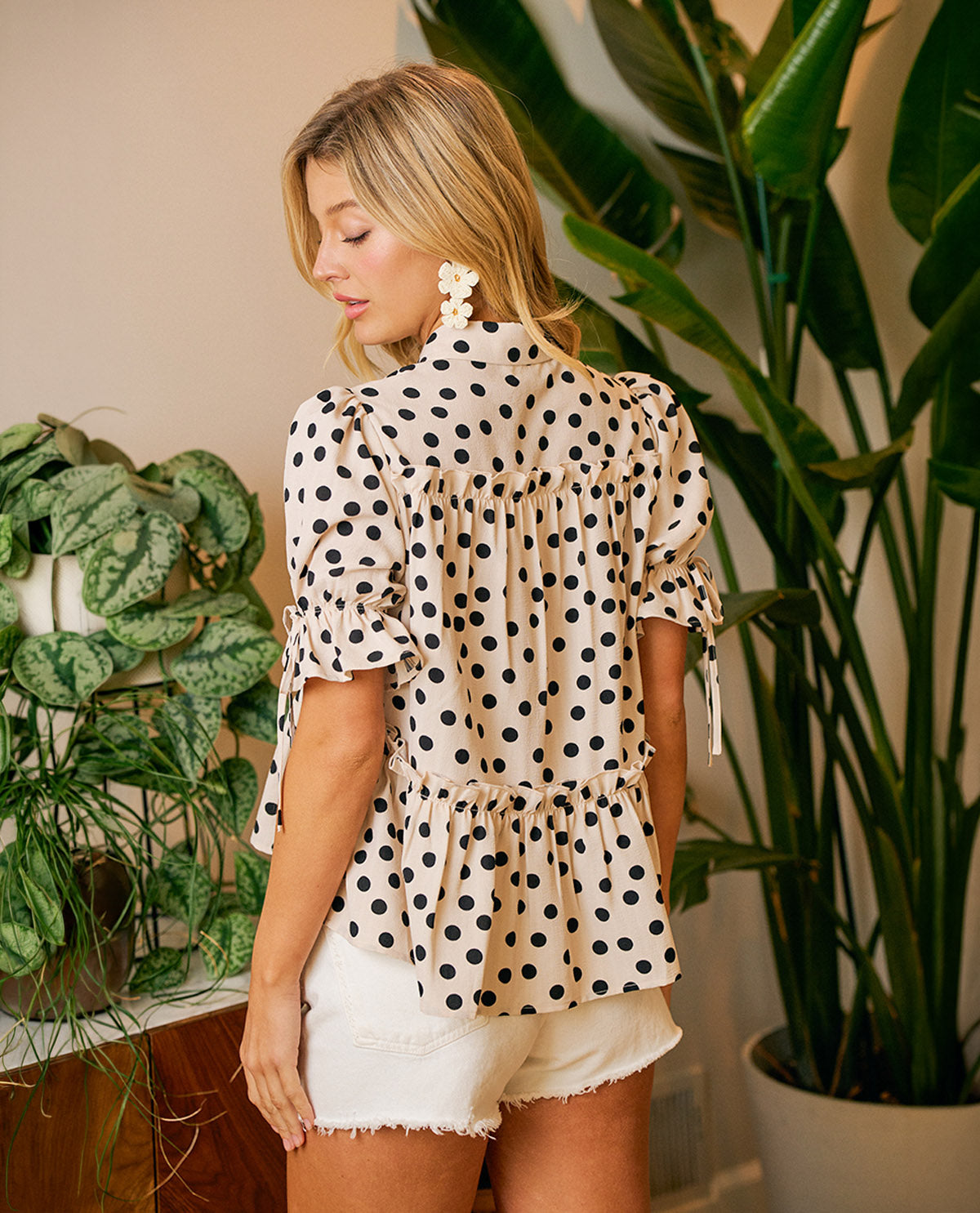 Bibi Polka Dot Ruffle V-Neck Top Cream/Black