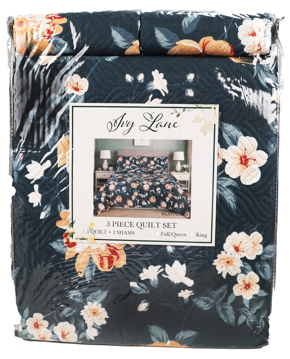 A packaged 3-piece quilt set by Dry Lane, featuring a dark navy floral pattern with white, peach, and orange flowers. The quilt is wrapped in clear plastic with a central white label showing the brand name and product details.