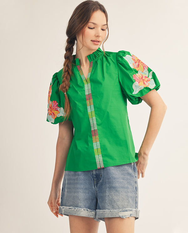 Jodifl Solid Top With Embroidery Sleeves Green