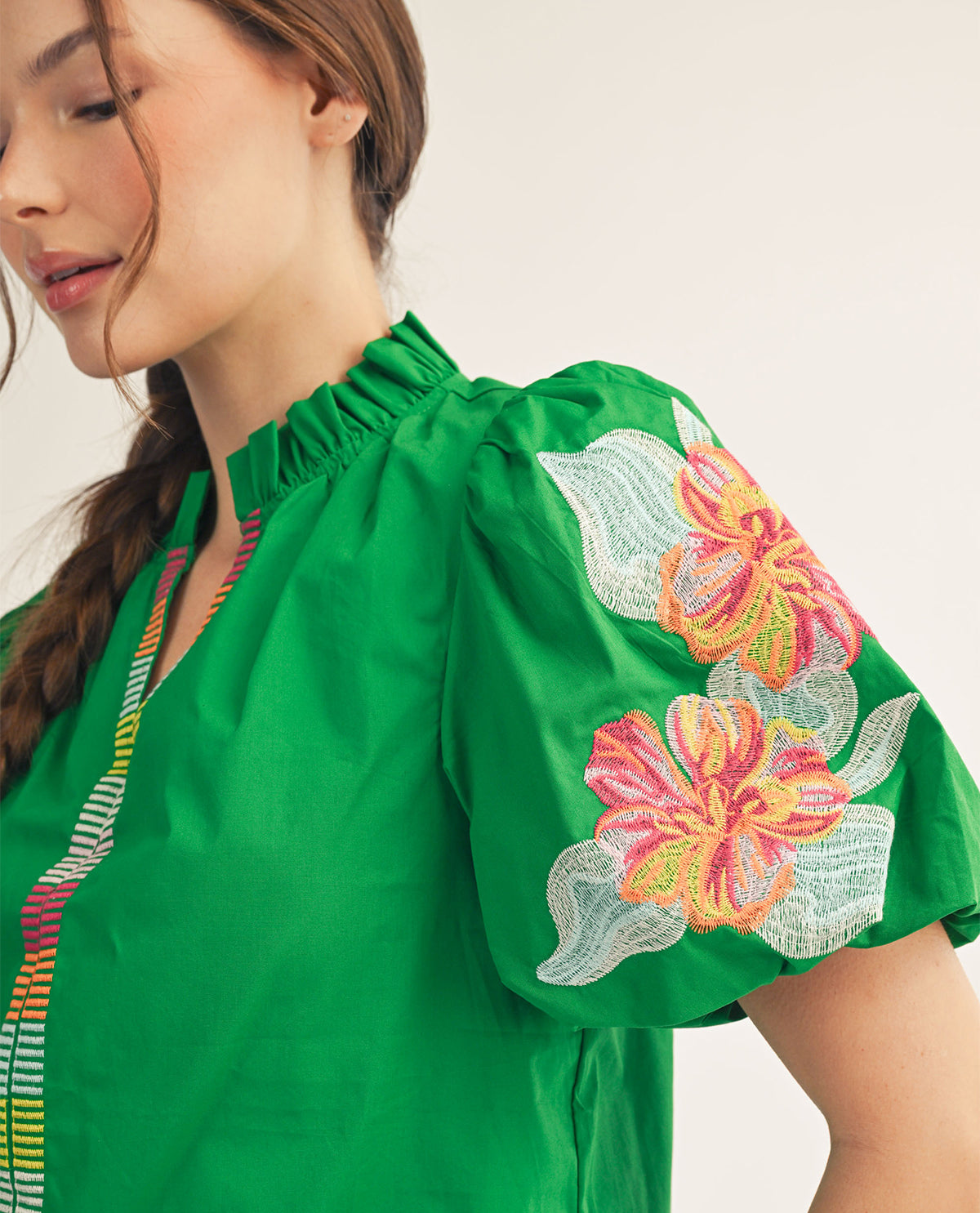 Jodifl Solid Top With Embroidery Sleeves Green