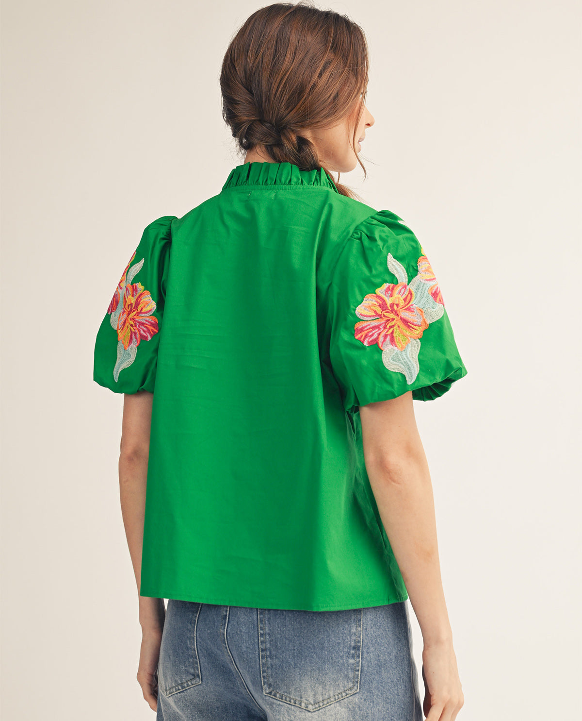 Jodifl Solid Top With Embroidery Sleeves Green