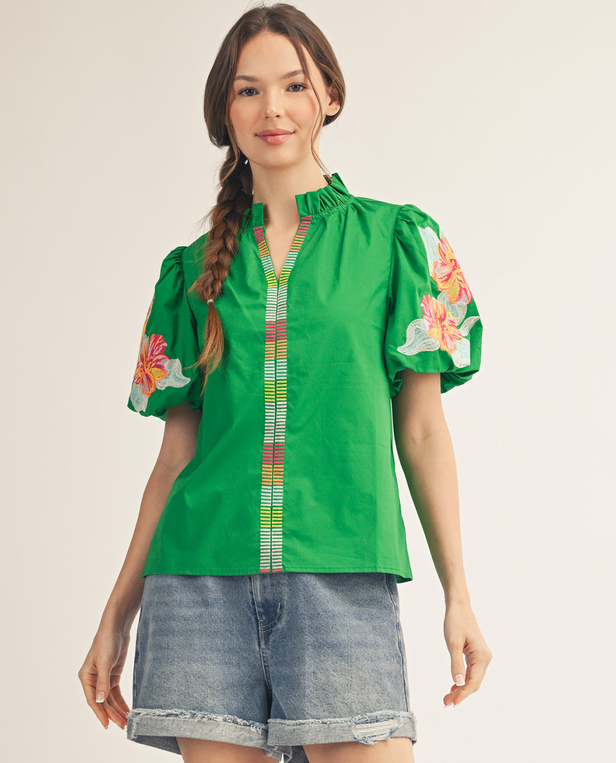 Jodifl Solid Top With Embroidery Sleeves Green