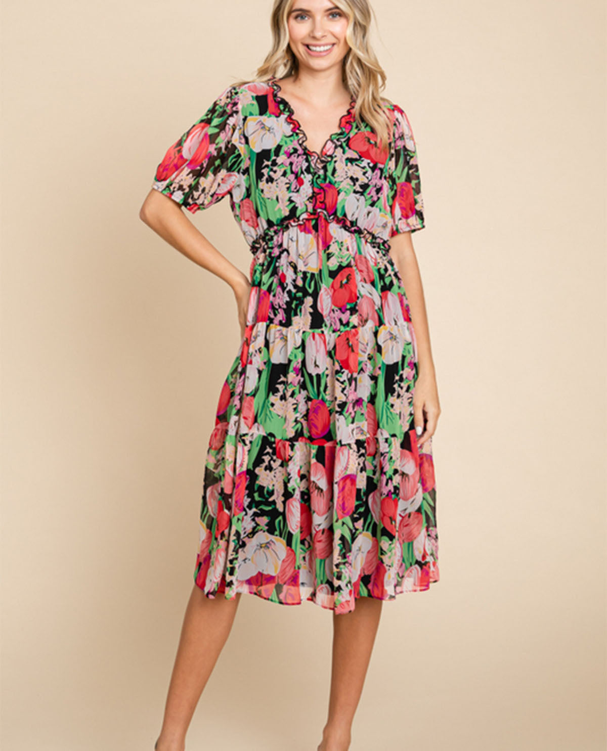 Loose Floral Print Tiered Dress