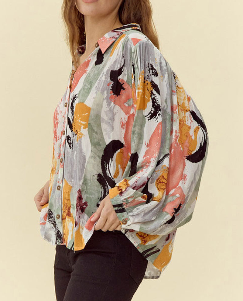 Abstract Print Long Sleeve Blouse