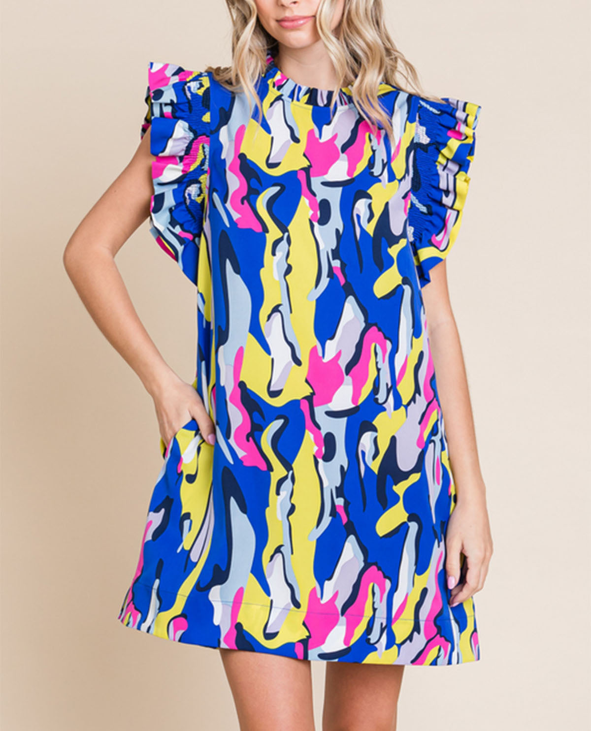 Mix Print Ruffle Sleeve Dress