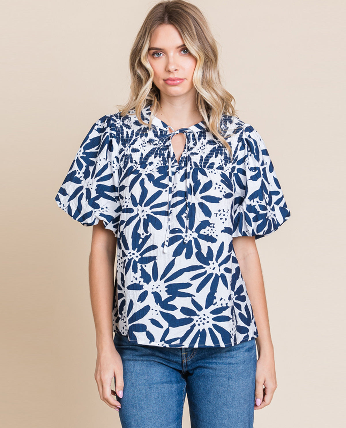 Printed Smocked Puff Sleeve Top