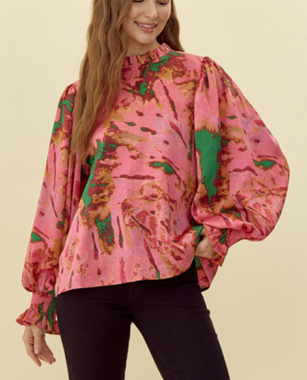 Abstract Print Ruffle Sleeve Blouse