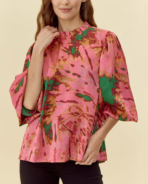 Abstract Print Ruffle Sleeve Blouse