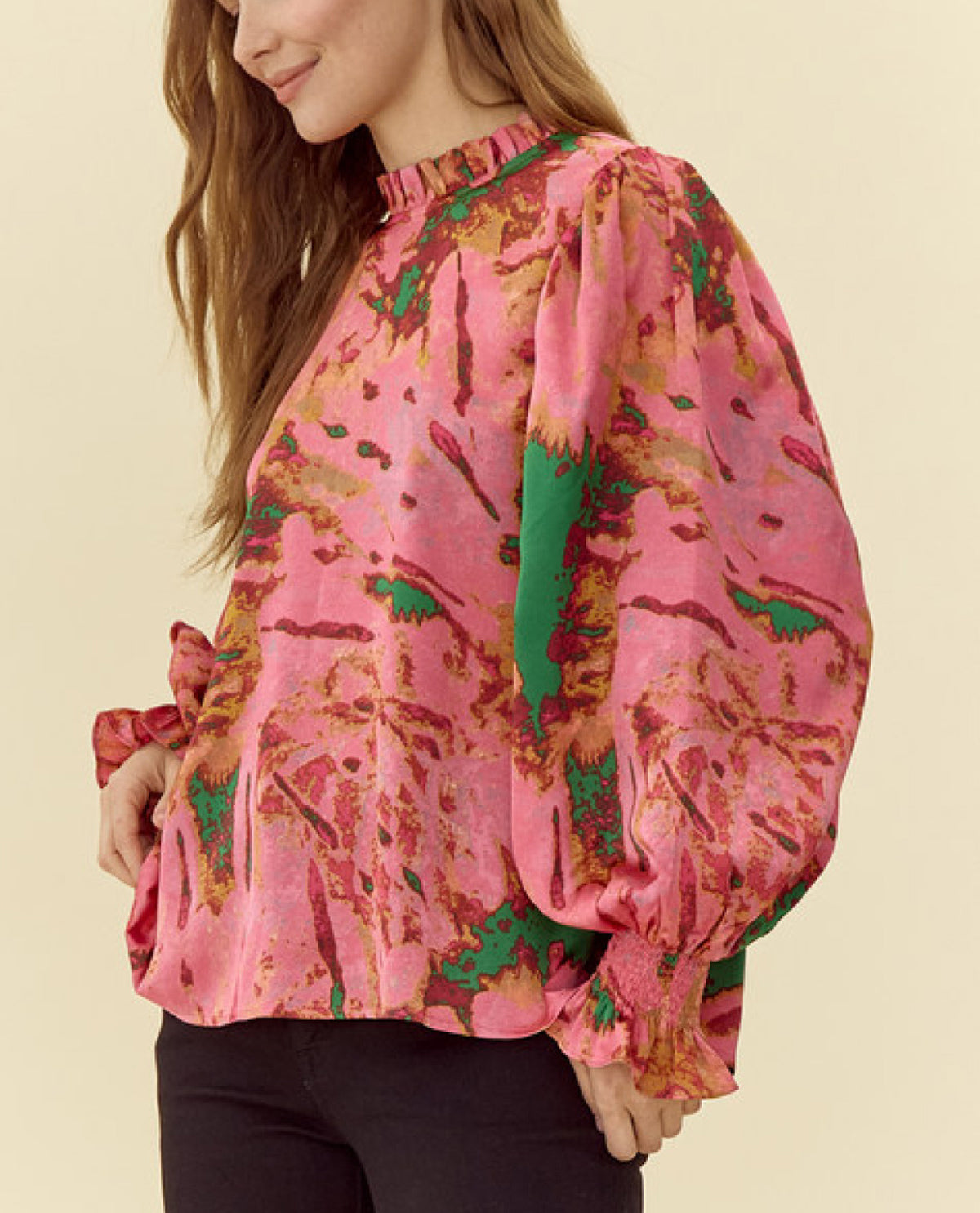 Abstract Print Ruffle Sleeve Blouse