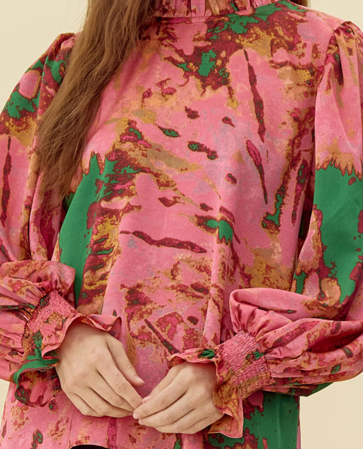 Abstract Print Ruffle Sleeve Blouse