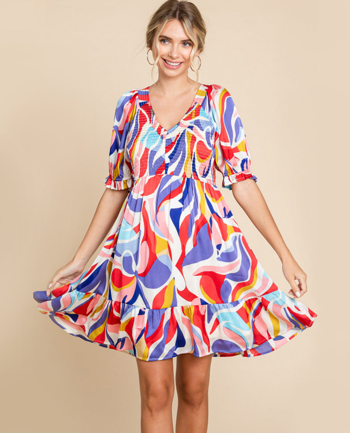 Printed Smocked V-Neck Dress