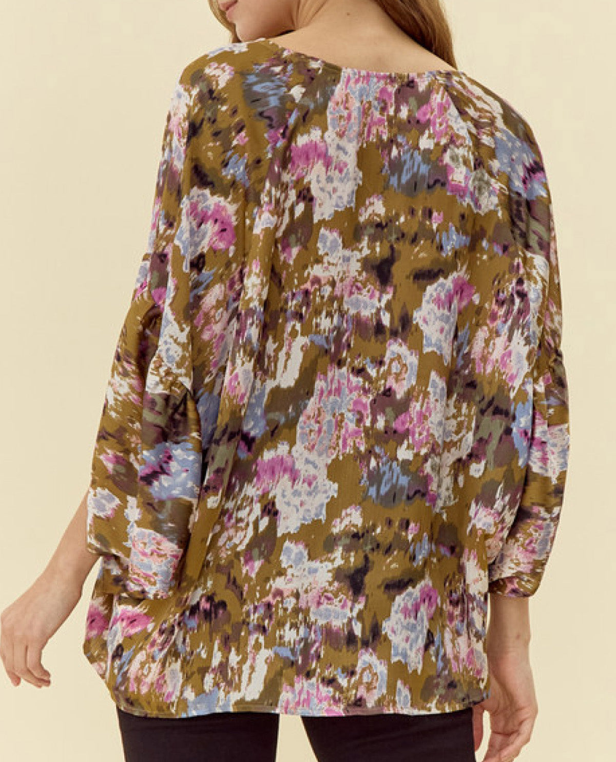 Abstract Floral Print Top with Draped Sleeves